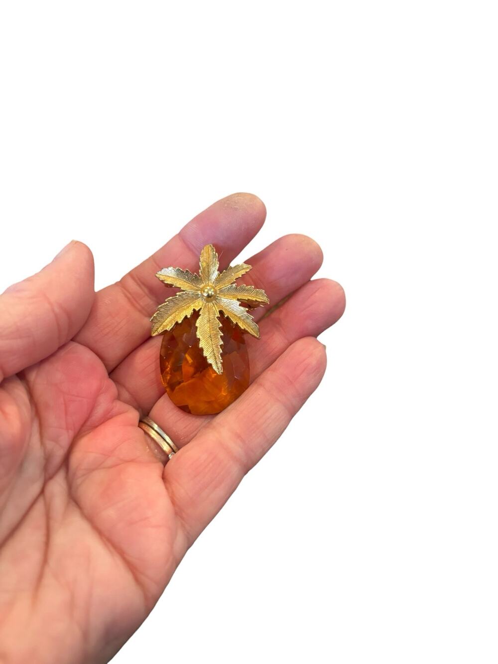 Vintage Amber Glass Brooch Gold Tone Leaf Top Large Faceted Stone 1960s